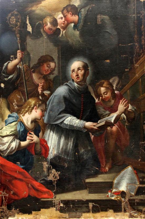 19th century Italian School Bishop Saint with attendants, 53 x 38in., unframed